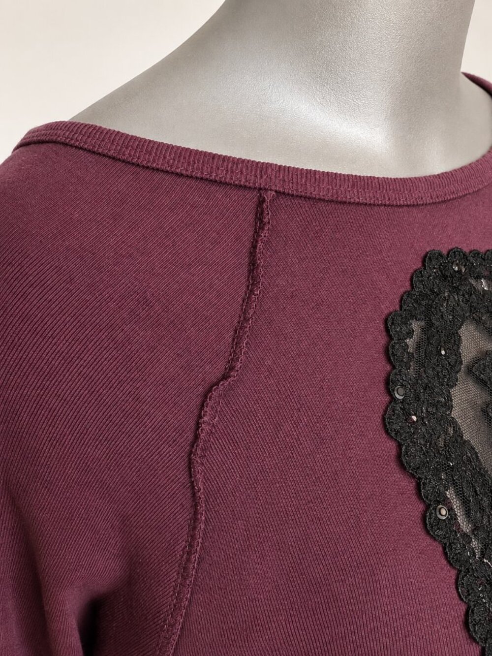 Sonia Rykiel Paris Burgundy Cotton Lace Rhinestone Long Sleeve Top Size L - Picture 3 of 10